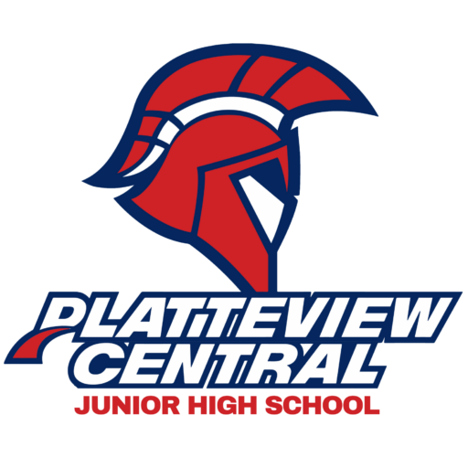 the logo for platteview high school red and blue